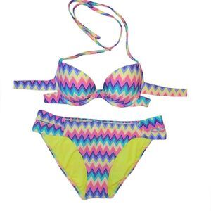 NWOT Aerie 2 Piece Bikini Brooke Swim Halter Top 32B Swim Bottoms L
